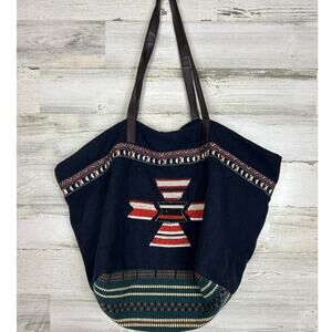 World Market Womens Large Blue Beaded Woven Wool Blend Aztec Boho Shoulder Bag